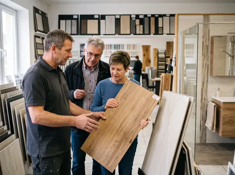 Beratungsgespräch mit Fliesenmustern in einer Fliesenausstellung (Symbolbild)
