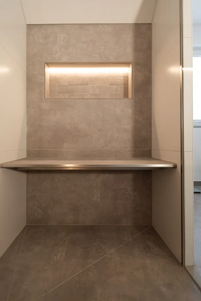 Geflieste Dusche mit Sitzbank und beleuchteter Nische, gebaut von Linnemeier Fliesenfachgeschäft